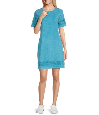 Leo & Nicole Relaxed Acid Wash Crew Neck Short Sleeve Crochet Trim Dress