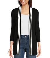 Leo & Nicole Ribbed Knit 3/4 Sleeve Contrast Trim Open-Front Cardigan