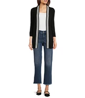 Leo & Nicole Ribbed Knit 3/4 Sleeve Contrast Trim Open-Front Cardigan
