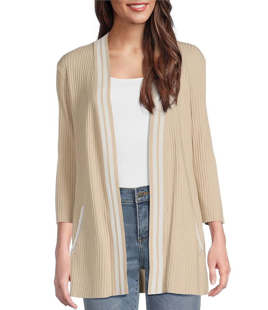 Leo & Nicole Ribbed Knit 3/4 Sleeve Contrast Trim Open-Front Cardigan