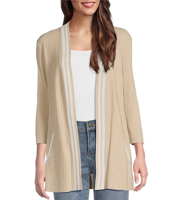 Leo & Nicole Ribbed Knit 3/4 Sleeve Contrast Trim Open-Front Cardigan