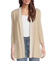 Leo & Nicole Ribbed Knit 3/4 Sleeve Contrast Trim Open-Front Cardigan