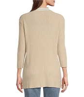 Leo & Nicole Ribbed Knit 3/4 Sleeve Contrast Trim Open-Front Cardigan