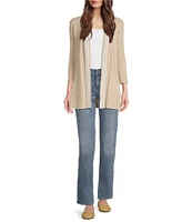 Leo & Nicole Ribbed Knit 3/4 Sleeve Contrast Trim Open-Front Cardigan