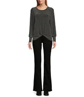 Leo & Nicole Solid Lurex Crew Neck Long Sleeve Front Gathered Knot Hem Top