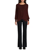 Leo & Nicole Solid Lurex Crew Neck Long Sleeve Front Gathered Knot Hem Top