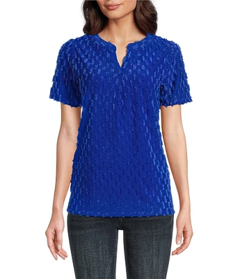 Leo & Nicole Split V-Neck Short Sleeve Clip Dot Top