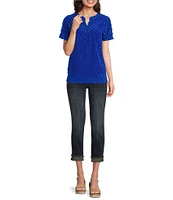 Leo & Nicole Split V-Neck Short Sleeve Clip Dot Top