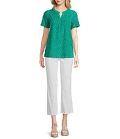 Leo & Nicole Split V-Neck Short Sleeve Clip Dot Top