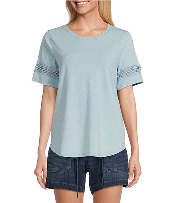 Leo & Nicole Stretch Acid Wash Crew Neck Short Crochet Trim Sleeve Knit Tee Shirt