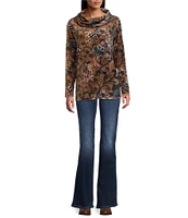 Leo & Nicole Stretch Knit Velour Allover Print Cowl Neck Long Sleeve Top