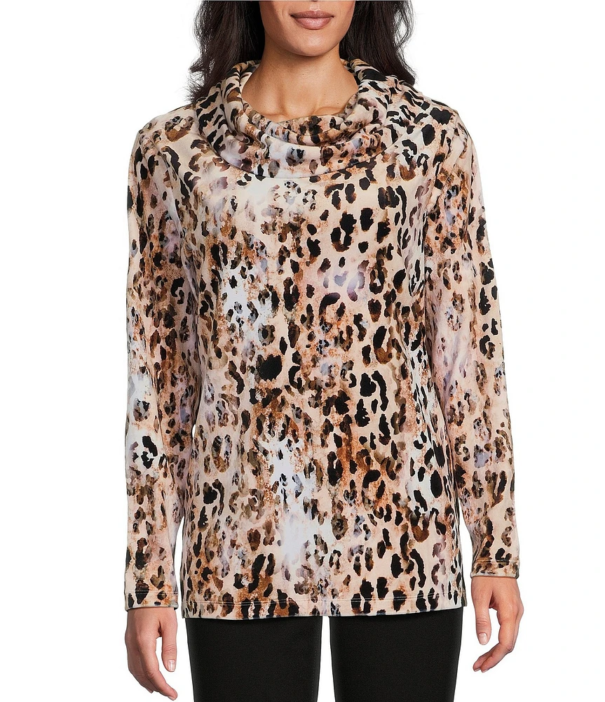 Leo & Nicole Stretch Knit Velour Animal Simple Treasure Print Cowl Neck Long Sleeve Top