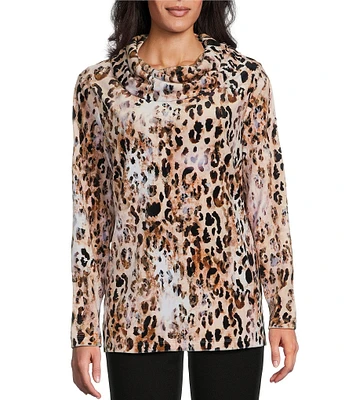 Leo & Nicole Stretch Knit Velour Animal Simple Treasure Print Cowl Neck Long Sleeve Top