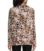 Leo & Nicole Stretch Knit Velour Animal Simple Treasure Print Cowl Neck Long Sleeve Top