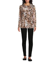 Leo & Nicole Stretch Knit Velour Animal Simple Treasure Print Cowl Neck Long Sleeve Top