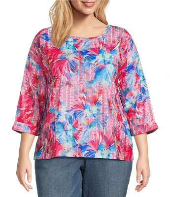Leo & Nicole Textured Painterly Wow Print Boat Neck 3/4 Sleeve Top