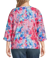 Leo & Nicole Textured Painterly Wow Print Boat Neck 3/4 Sleeve Top