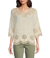 Leo & Nicole Woven Allover Embroidered Scoop Neck 3/4 Sleeve Lace Yoke Top