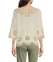 Leo & Nicole Woven Allover Embroidered Scoop Neck 3/4 Sleeve Lace Yoke Top