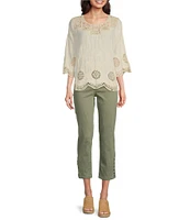 Leo & Nicole Woven Allover Embroidered Scoop Neck 3/4 Sleeve Lace Yoke Top