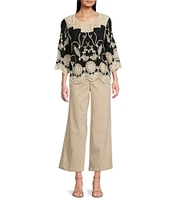 Leo & Nicole Woven Allover Embroidered Scoop Neck 3/4 Sleeve Lace Yoke Top