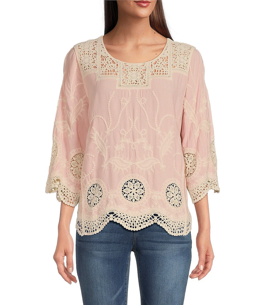 Leo & Nicole Woven Allover Embroidered Scoop Neck 3/4 Sleeve Lace Yoke Top