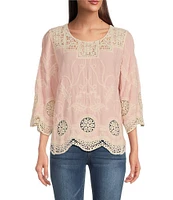 Leo & Nicole Woven Allover Embroidered Scoop Neck 3/4 Sleeve Lace Yoke Top