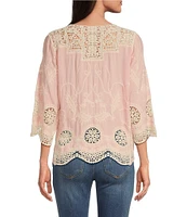 Leo & Nicole Woven Allover Embroidered Scoop Neck 3/4 Sleeve Lace Yoke Top