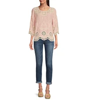 Leo & Nicole Woven Allover Embroidered Scoop Neck 3/4 Sleeve Lace Yoke Top