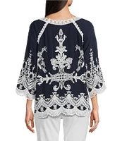 Leo & Nicole Woven Embroidered Scalloped Lace Trim Scoop Neck 3/4 Sleeve Top