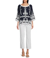 Leo & Nicole Woven Embroidered Scalloped Lace Trim Scoop Neck 3/4 Sleeve Top