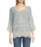 Leo & Nicole Woven Embroidered Scalloped Lace Trim Scoop Neck 3/4 Sleeve Top