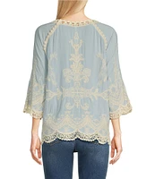 Leo & Nicole Woven Embroidered Scalloped Lace Trim Scoop Neck 3/4 Sleeve Top
