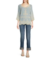 Leo & Nicole Woven Embroidered Scalloped Lace Trim Scoop Neck 3/4 Sleeve Top