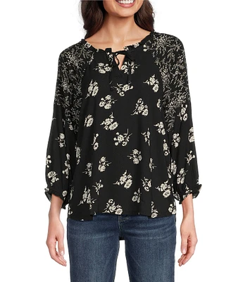 Leo & Nicole Woven Floral Mixed-Print Split Round Tie Neck 3/4 Dolman Sleeve Top