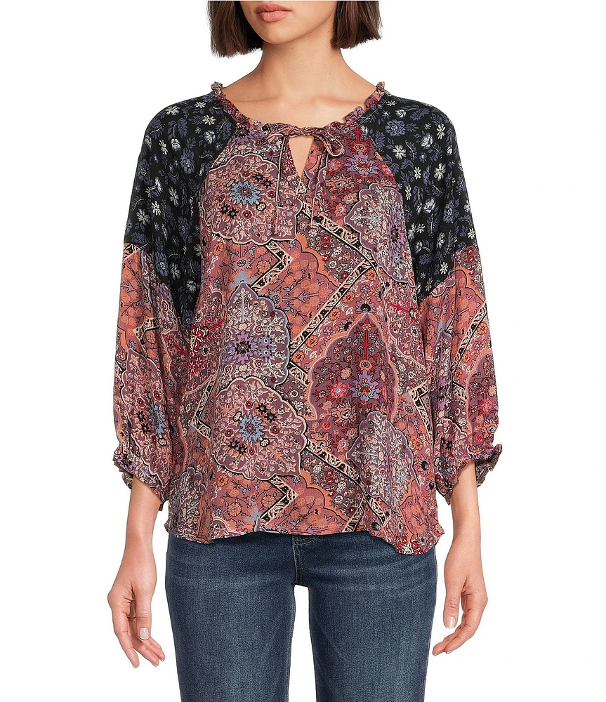 Leo & Nicole Woven Mixed-Print Split Round Tie Neck 3/4 Dolman Sleeve Top