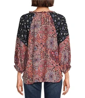 Leo & Nicole Woven Mixed-Print Split Round Tie Neck 3/4 Dolman Sleeve Top