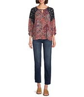 Leo & Nicole Woven Mixed-Print Split Round Tie Neck 3/4 Dolman Sleeve Top