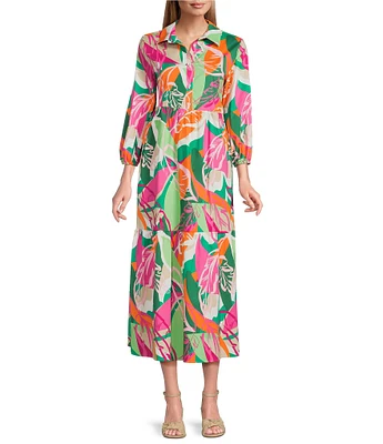 Leslie Fay 3/4 Sleeve Floral Print Shirt Dress