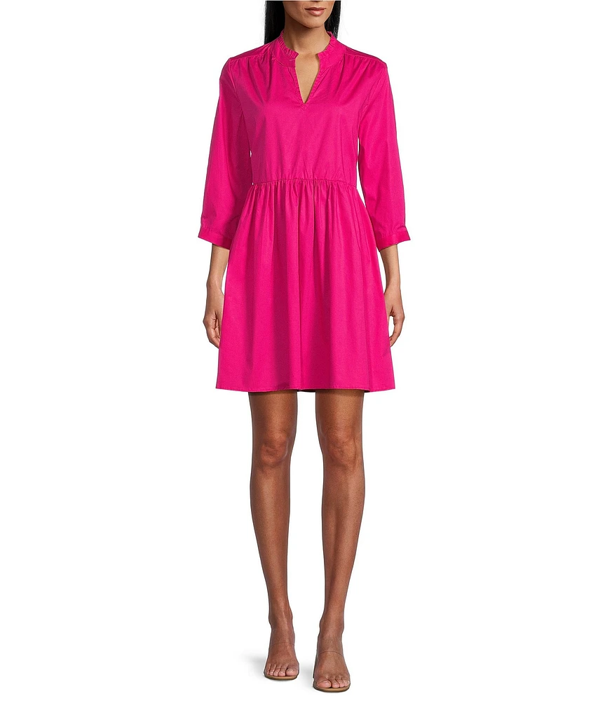 Leslie Fay 3/4 Sleeve Split V-Neck Cotton Poplin Dress