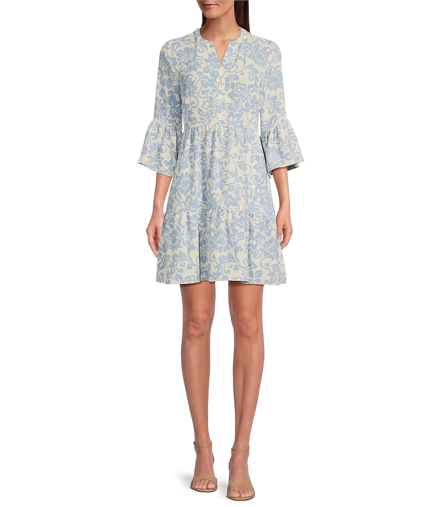 Leslie Fay Button Down Neck 3/4 Bell Sleeve Fit and Flare Dress
