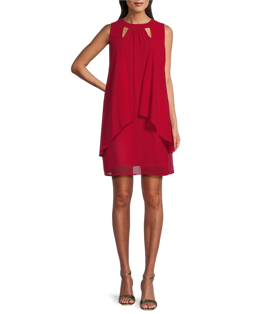 Leslie Fay Chiffon Crepe Double Keyhole Neck Sleeveless Shift Dress