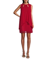 Leslie Fay Chiffon Crepe Double Keyhole Neck Sleeveless Shift Dress