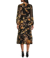 Leslie Fay Chiffon Ruffle V-Neck Balloon Sleeves Belted Midi Dress