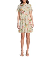 Leslie Fay Collared Short Sleeve Floral Rayon Linen Fit and Flare Shirtdress