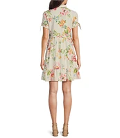 Leslie Fay Collared Short Sleeve Floral Rayon Linen Fit and Flare Shirtdress