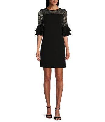 Leslie Fay Crew Neck Ruffle 3/4 Sleeve Beaded Dress