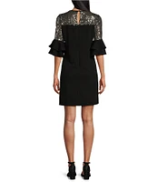 Leslie Fay Crew Neck Ruffle 3/4 Sleeve Beaded Dress