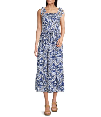 Leslie Fay Floral Print Flounce Hem Square Neck Sleevless Midi Dress
