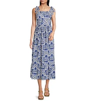 Leslie Fay Floral Print Flounce Hem Square Neck Sleevless Midi Dress